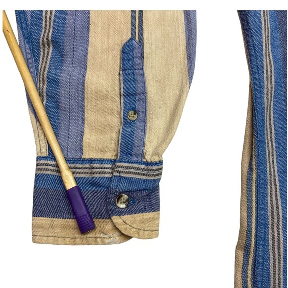 Vintage Northwest Territory Mens L Flannel Shirt Long Sleeve Blue Tan Stripe - Picture 4 of 16
